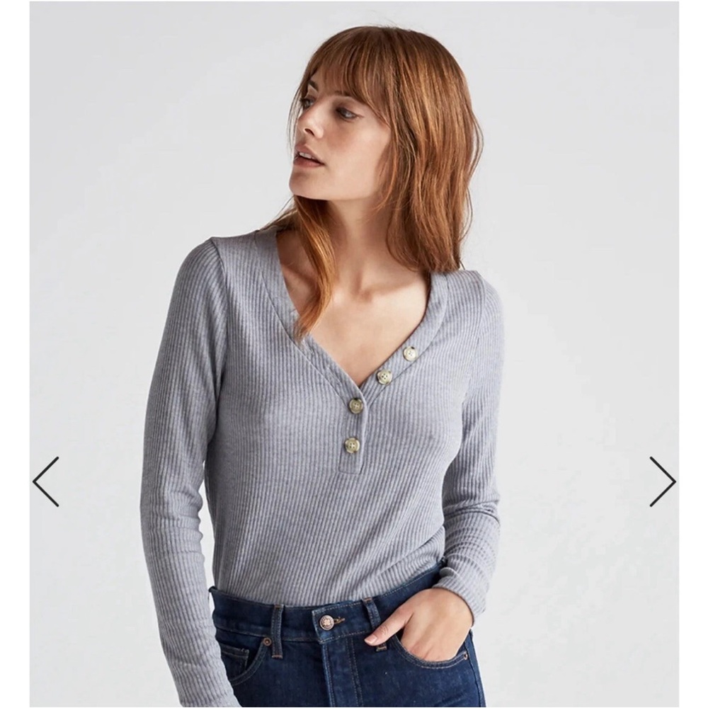 Lucky Brand Shirt Women’s Medium Gray Henley Long Sleeve Boho Top Ribbed New